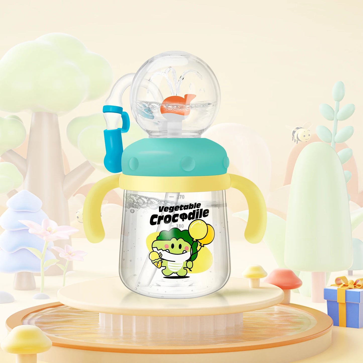 Baby Drinking Cup with Straw Creative Whale Squirt Water Cup 300ml Portable Baby Drinking Bottle with Handle Leakproof