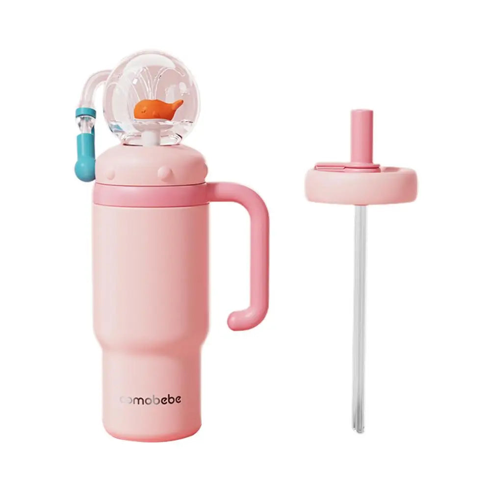 Stainless Steel Whale Fountain Tumbler with Handle Drinking Cup Leak Proof Whale Squirt Water Cup with Straw
