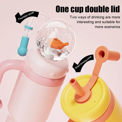 Stainless Steel Whale Fountain Tumbler with Handle Drinking Cup Leak Proof Whale Squirt Water Cup with Straw