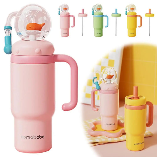 Stainless Steel Whale Fountain Tumbler with Handle Drinking Cup Leak Proof Whale Squirt Water Cup with Straw