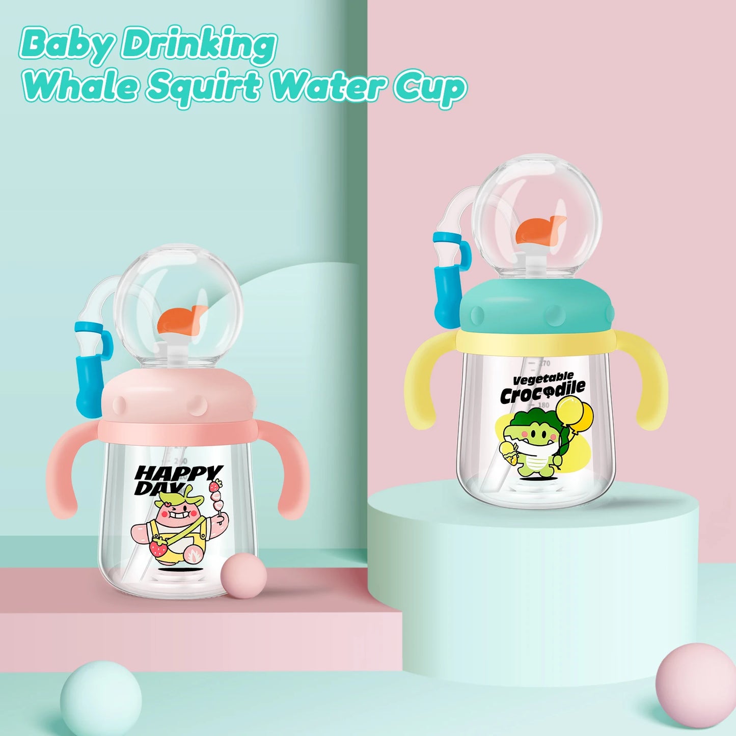 Baby Drinking Cup with Straw Creative Whale Squirt Water Cup 300ml Portable Baby Drinking Bottle with Handle Leakproof
