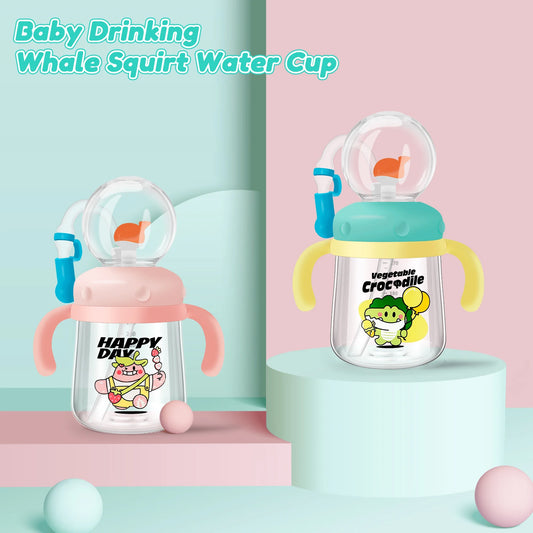 Baby Drinking Cup with Straw Creative Whale Squirt Water Cup 300ml Portable Baby Drinking Bottle with Handle Leakproof