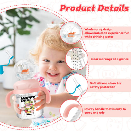 Baby Drinking Cup with Straw Creative Whale Squirt Water Cup 300ml Portable Baby Drinking Bottle with Handle Leakproof