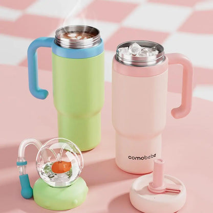 Stainless Steel Whale Fountain Tumbler with Handle Drinking Cup Leak Proof Whale Squirt Water Cup with Straw