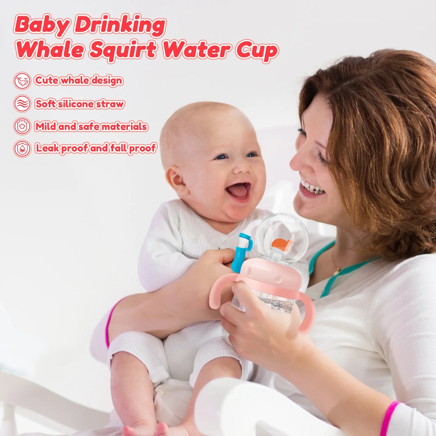 Baby Drinking Cup with Straw Creative Whale Squirt Water Cup 300ml Portable Baby Drinking Bottle with Handle Leakproof