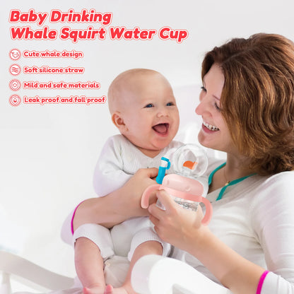 Baby Drinking Cup with Straw Creative Whale Squirt Water Cup 300ml Portable Baby Drinking Bottle with Handle Leakproof